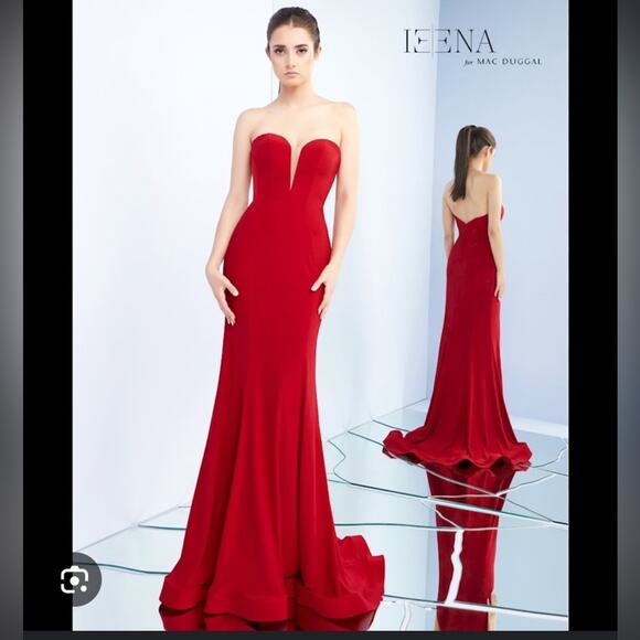 NWT Ieena For Mac Duggal Sweetheart-Neck Strapless Bustier Trumpet red Gown - Picture 2 of 8